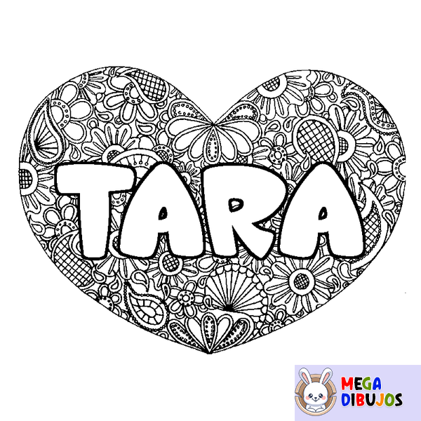 Coloraci&oacute;n del nombre TARA - decorado mandala de coraz&oacute;n