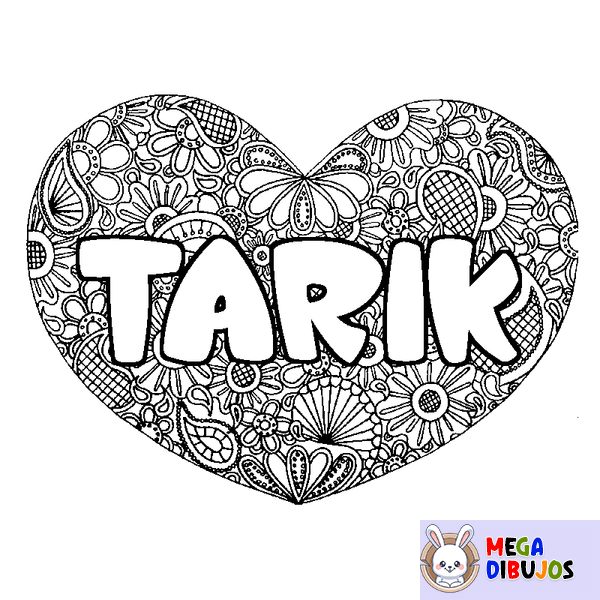 Coloraci&oacute;n del nombre TARIK - decorado mandala de coraz&oacute;n