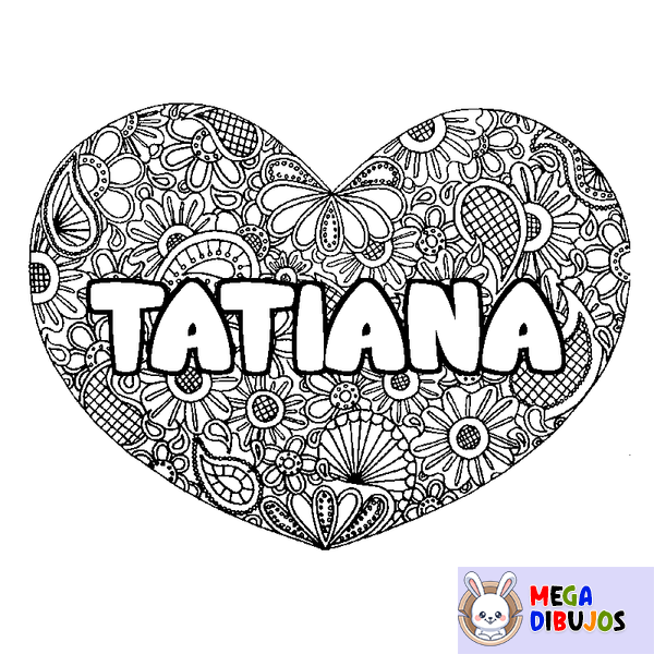 Coloraci&oacute;n del nombre TATIANA - decorado mandala de coraz&oacute;n