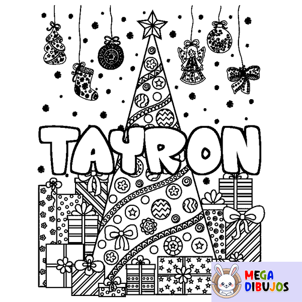 Coloraci&oacute;n del nombre TAYRON - decorado &aacute;rbol de Navidad y regalos