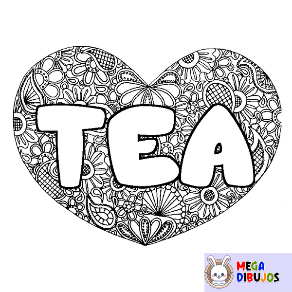 Coloraci&oacute;n del nombre TEA - decorado mandala de coraz&oacute;n