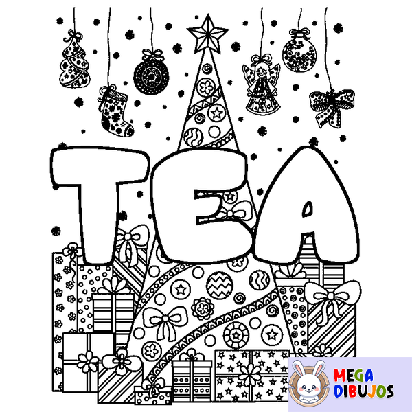Coloraci&oacute;n del nombre TEA - decorado &aacute;rbol de Navidad y regalos