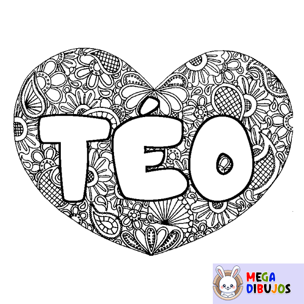 Coloraci&oacute;n del nombre T&Eacute;O - decorado mandala de coraz&oacute;n