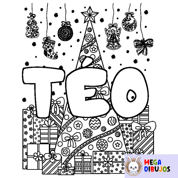 Coloraci&oacute;n del nombre T&Eacute;O - decorado &aacute;rbol de Navidad y regalos