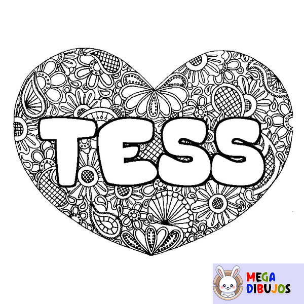 Coloraci&oacute;n del nombre TESS - decorado mandala de coraz&oacute;n