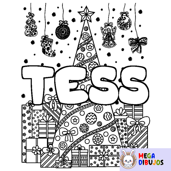 Coloraci&oacute;n del nombre TESS - decorado &aacute;rbol de Navidad y regalos