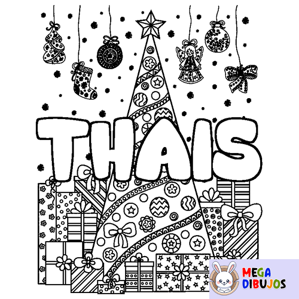 Coloraci&oacute;n del nombre THAIS - decorado &aacute;rbol de Navidad y regalos