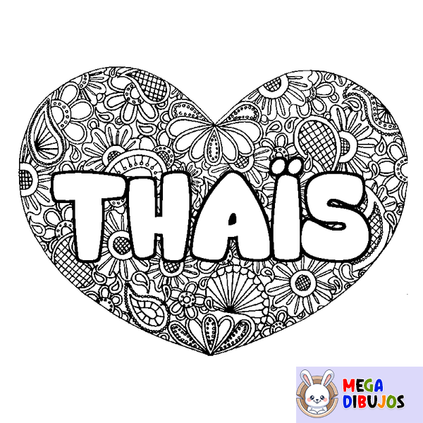Coloraci&oacute;n del nombre THA&Iuml;S - decorado mandala de coraz&oacute;n