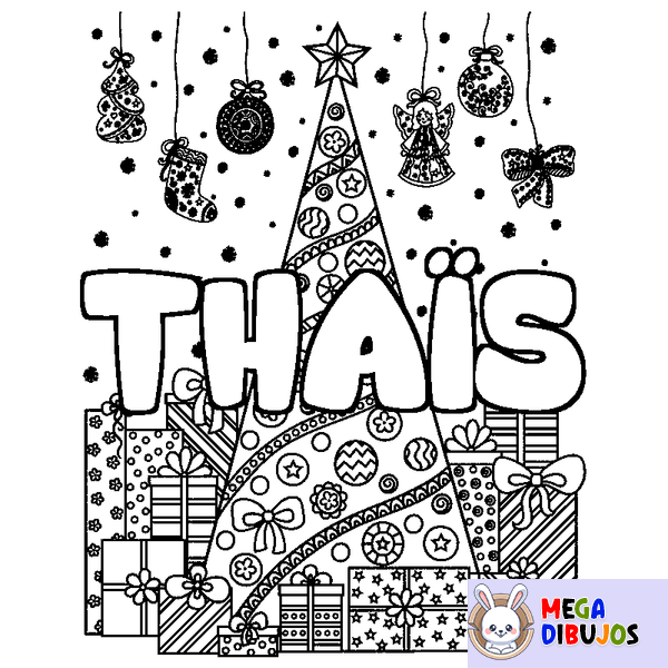 Coloraci&oacute;n del nombre THA&Iuml;S - decorado &aacute;rbol de Navidad y regalos