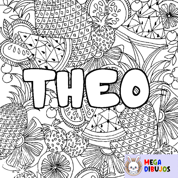 Coloraci&oacute;n del nombre THEO - decorado mandala de frutas