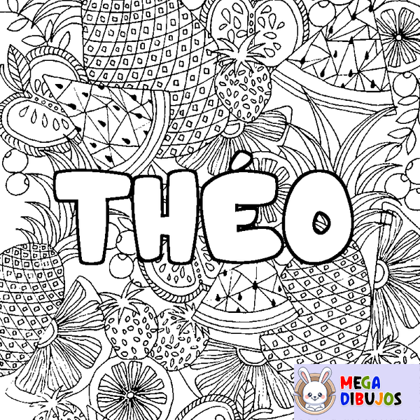 Coloraci&oacute;n del nombre TH&Eacute;O - decorado mandala de frutas