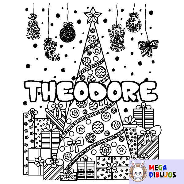 Coloraci&oacute;n del nombre THEODORE - decorado &aacute;rbol de Navidad y regalos