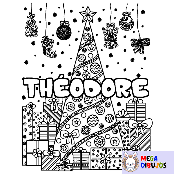 Coloraci&oacute;n del nombre TH&Eacute;ODORE - decorado &aacute;rbol de Navidad y regalos