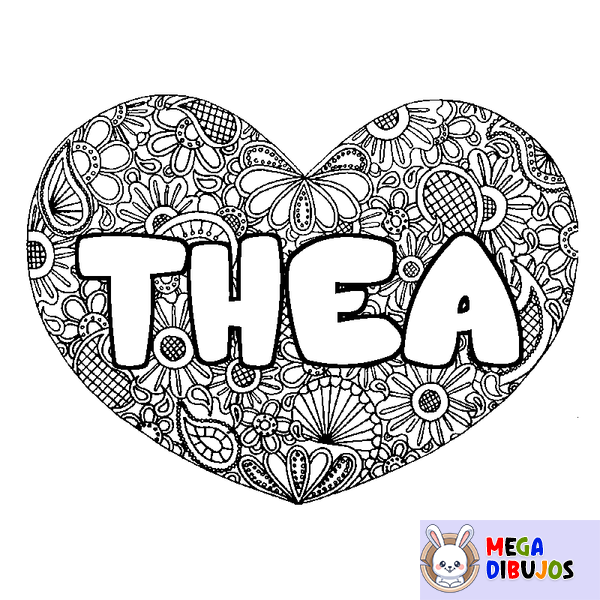Coloraci&oacute;n del nombre THEA - decorado mandala de coraz&oacute;n