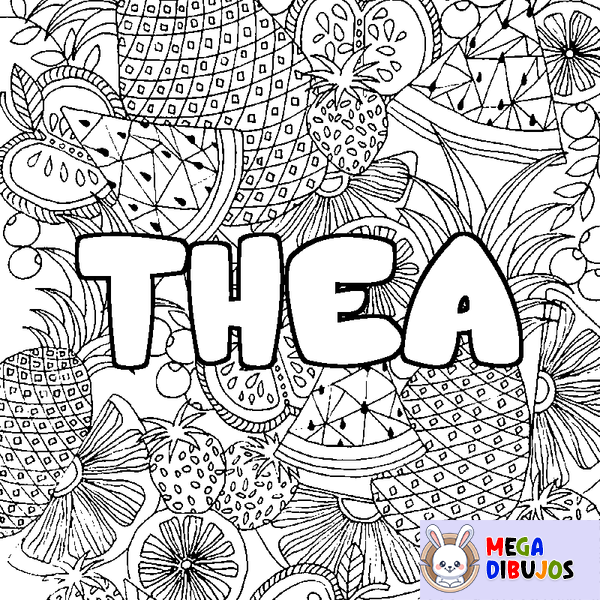 Coloraci&oacute;n del nombre THEA - decorado mandala de frutas
