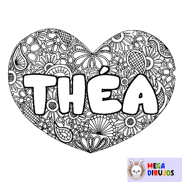 Coloraci&oacute;n del nombre TH&Eacute;A - decorado mandala de coraz&oacute;n