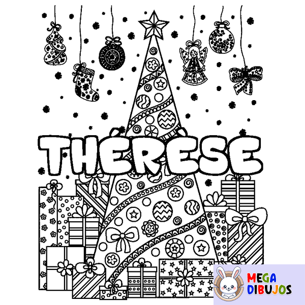 Coloraci&oacute;n del nombre TH&Eacute;R&Egrave;SE - decorado &aacute;rbol de Navidad y regalos