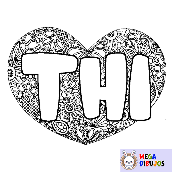 Coloraci&oacute;n del nombre THI - decorado mandala de coraz&oacute;n