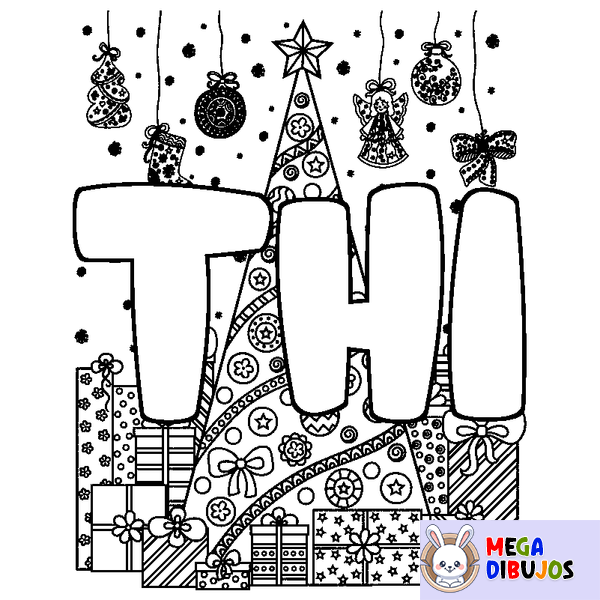 Coloraci&oacute;n del nombre THI - decorado &aacute;rbol de Navidad y regalos