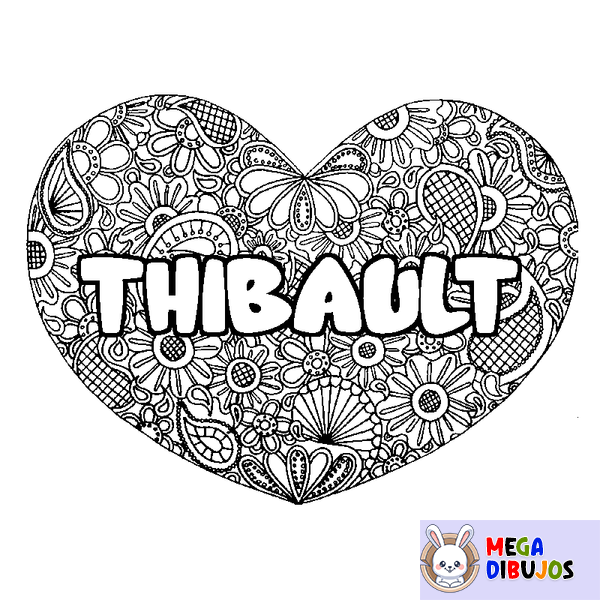 Coloraci&oacute;n del nombre THIBAULT - decorado mandala de coraz&oacute;n