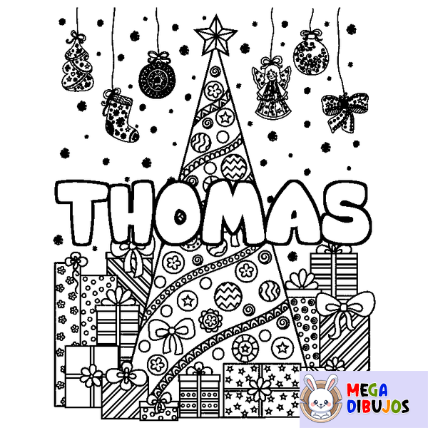 Coloraci&oacute;n del nombre THOMAS - decorado &aacute;rbol de Navidad y regalos