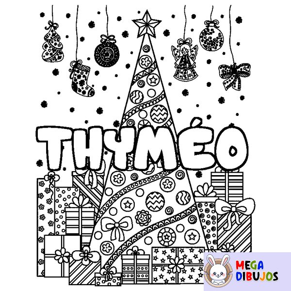 Coloraci&oacute;n del nombre THYM&Eacute;O - decorado &aacute;rbol de Navidad y regalos