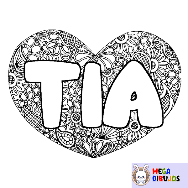 Coloraci&oacute;n del nombre TIA - decorado mandala de coraz&oacute;n