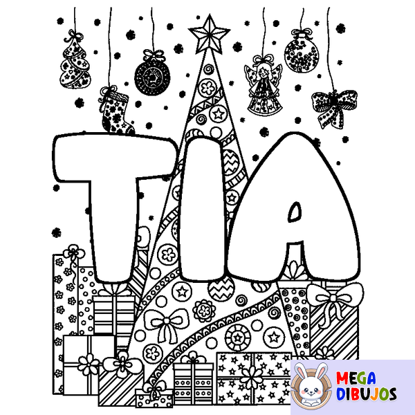 Coloraci&oacute;n del nombre TIA - decorado &aacute;rbol de Navidad y regalos