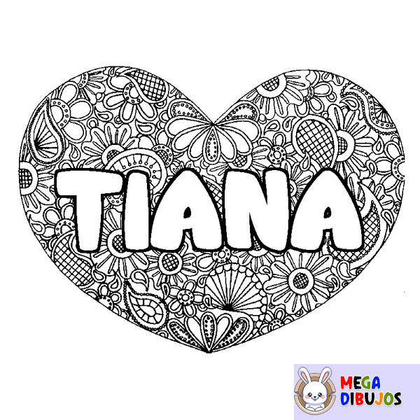 Coloraci&oacute;n del nombre TIANA - decorado mandala de coraz&oacute;n