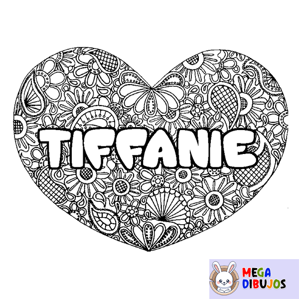 Coloraci&oacute;n del nombre TIFFANIE - decorado mandala de coraz&oacute;n