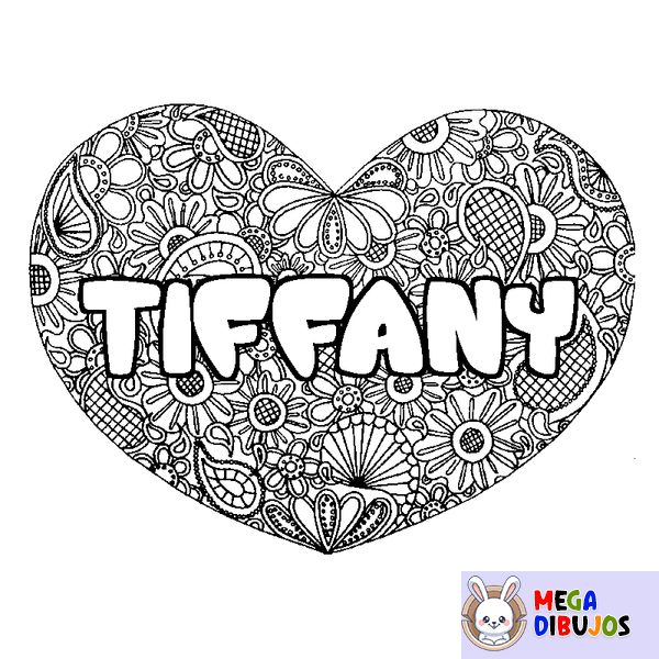 Coloraci&oacute;n del nombre TIFFANY - decorado mandala de coraz&oacute;n
