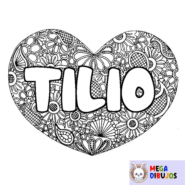 Coloraci&oacute;n del nombre TILIO - decorado mandala de coraz&oacute;n