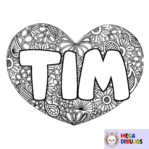 Coloraci&oacute;n del nombre TIM - decorado mandala de coraz&oacute;n