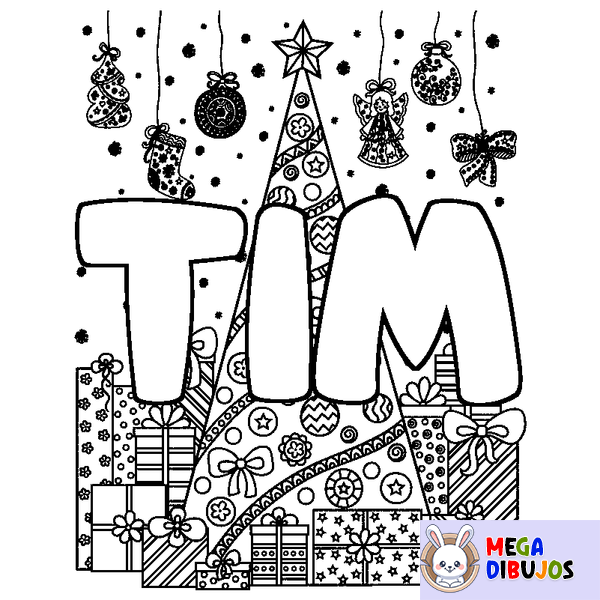 Coloraci&oacute;n del nombre TIM - decorado &aacute;rbol de Navidad y regalos
