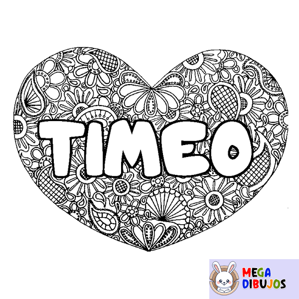 Coloraci&oacute;n del nombre TIMEO - decorado mandala de coraz&oacute;n