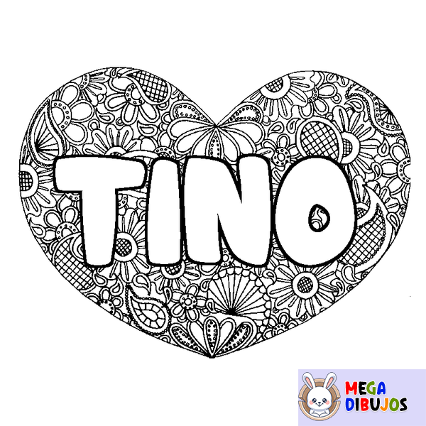 Coloraci&oacute;n del nombre TINO - decorado mandala de coraz&oacute;n