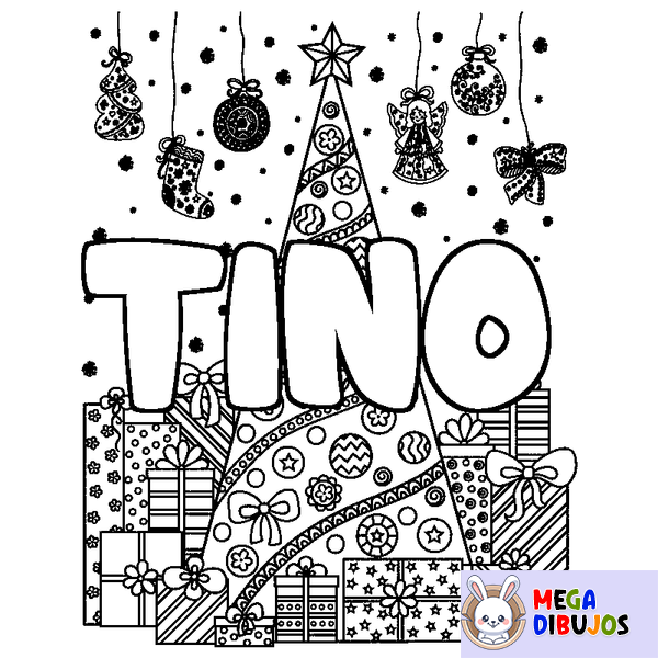 Coloraci&oacute;n del nombre TINO - decorado &aacute;rbol de Navidad y regalos