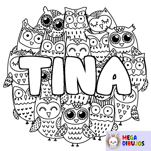 Coloraci&oacute;n del nombre TINA - decorado b&uacute;hos