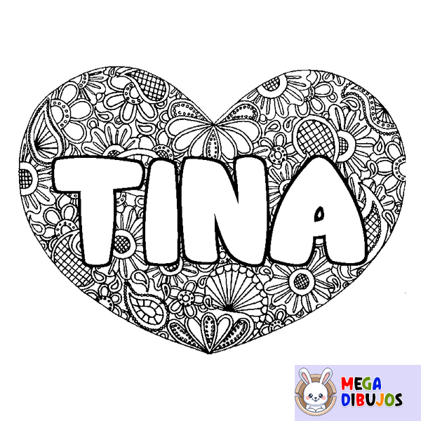 Coloraci&oacute;n del nombre TINA - decorado mandala de coraz&oacute;n