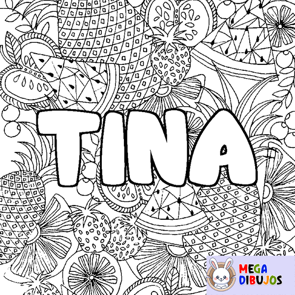 Coloraci&oacute;n del nombre TINA - decorado mandala de frutas
