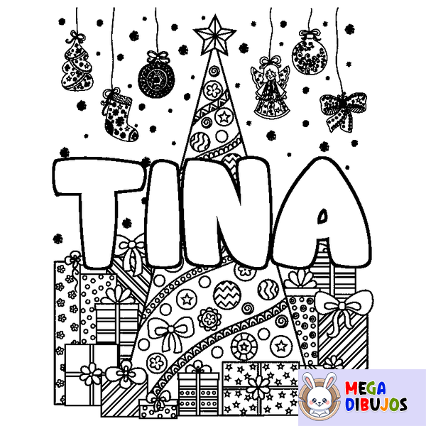 Coloraci&oacute;n del nombre TINA - decorado &aacute;rbol de Navidad y regalos