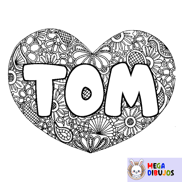 Coloraci&oacute;n del nombre TOM - decorado mandala de coraz&oacute;n