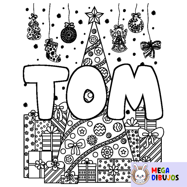 Coloraci&oacute;n del nombre TOM - decorado &aacute;rbol de Navidad y regalos