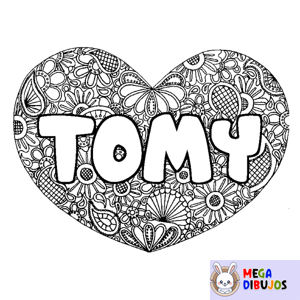 Coloraci&oacute;n del nombre TOMY - decorado mandala de coraz&oacute;n