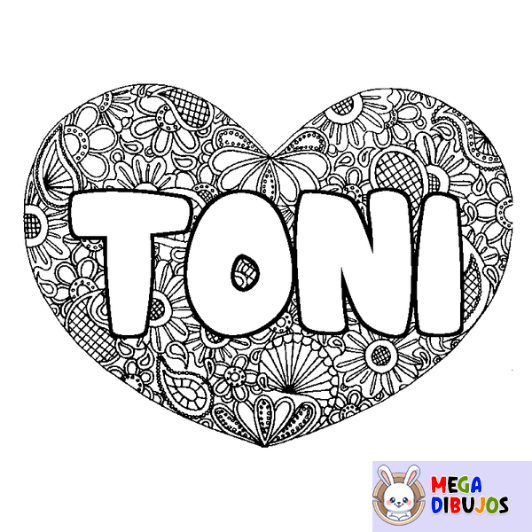 Coloraci&oacute;n del nombre TONI - decorado mandala de coraz&oacute;n