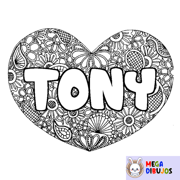 Coloraci&oacute;n del nombre TONY - decorado mandala de coraz&oacute;n