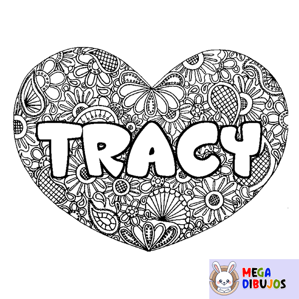 Coloraci&oacute;n del nombre TRACY - decorado mandala de coraz&oacute;n
