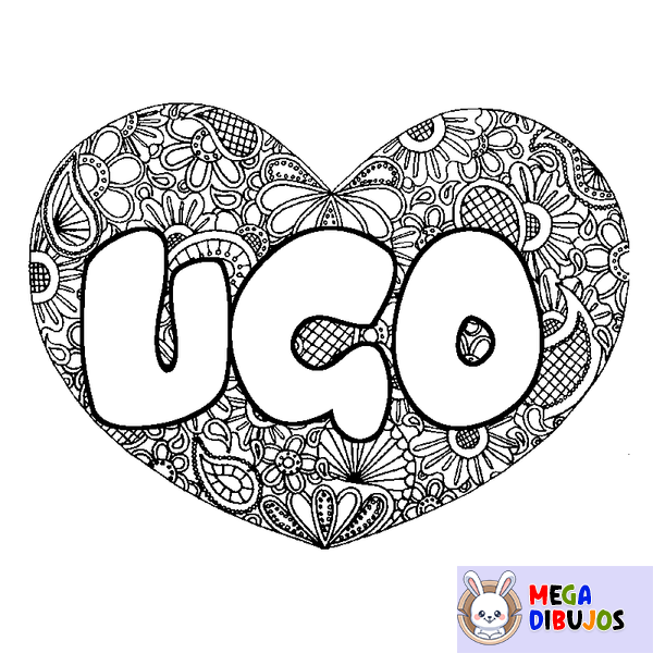 Coloraci&oacute;n del nombre UGO - decorado mandala de coraz&oacute;n