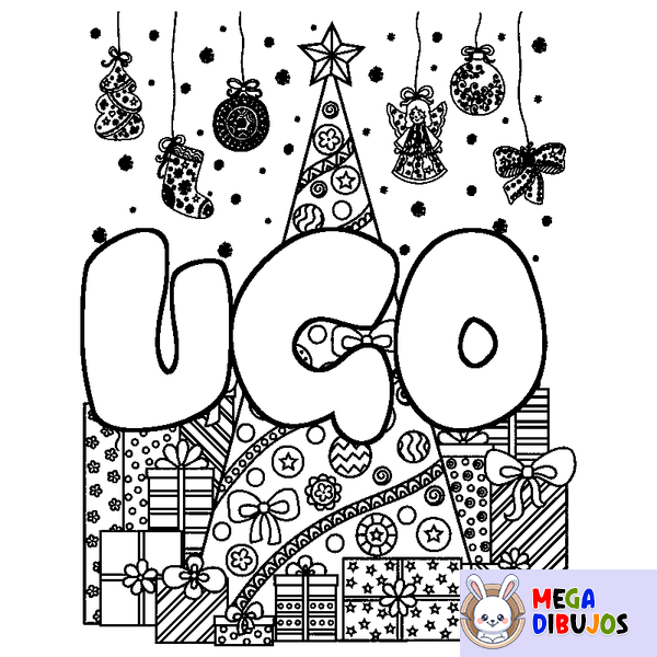 Coloraci&oacute;n del nombre UGO - decorado &aacute;rbol de Navidad y regalos