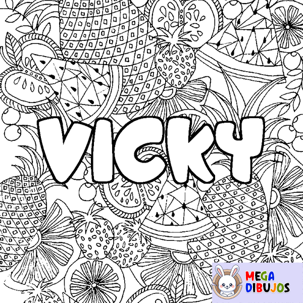 Coloraci&oacute;n del nombre VICKY - decorado mandala de frutas